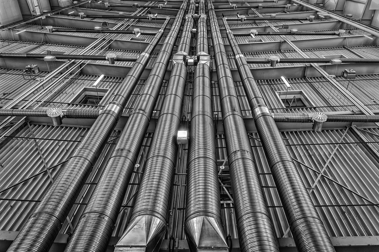 Wide shot of industrial ductwork from below